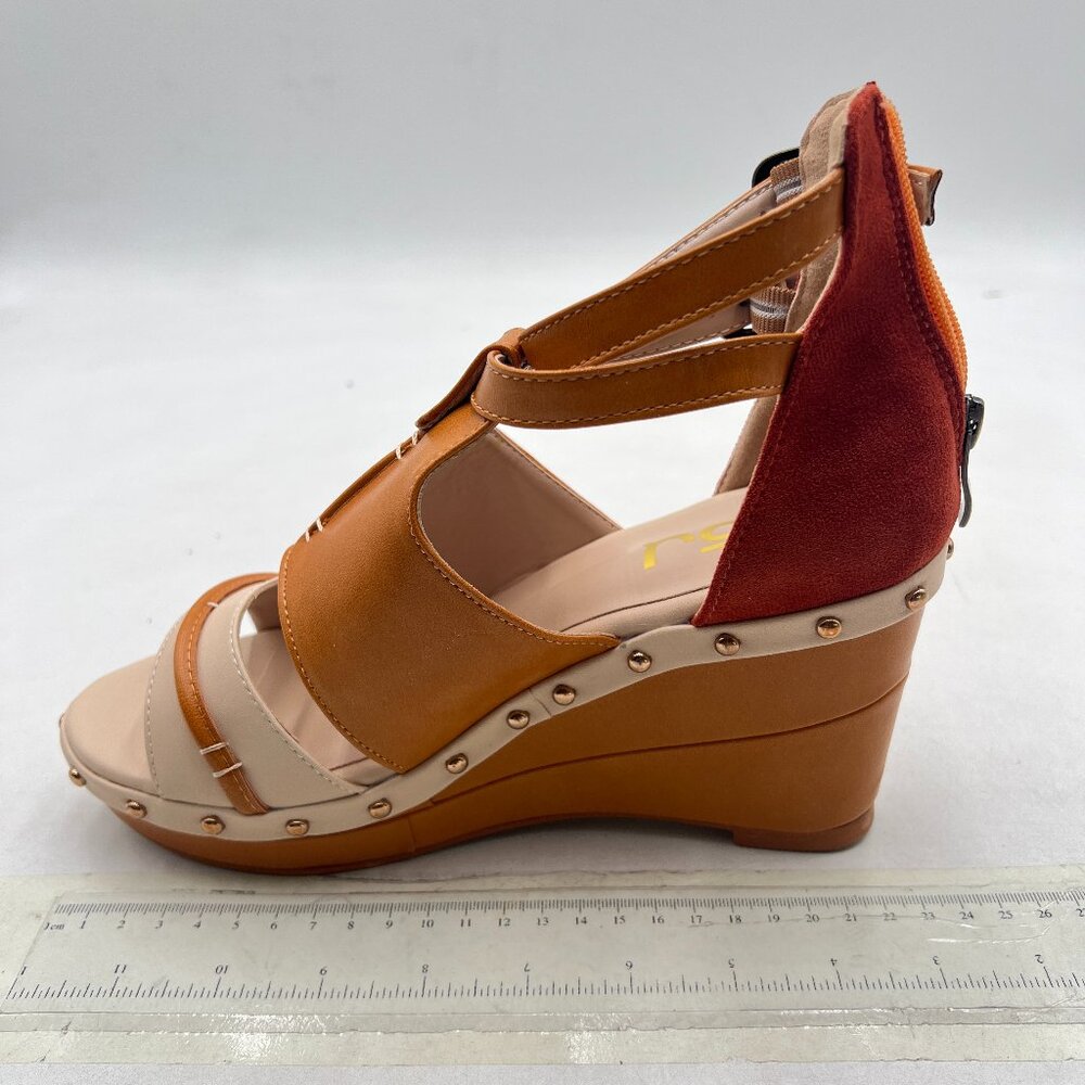 FSJ Tan Open Toe Buckle Strap Platform Shoes Studded Vintage Wedge Heels - Picture 2 of 8
